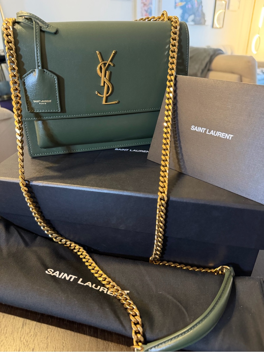 Saint Laurent Sunset Bag, Olive Green Smooth Leather, Chain Strap, Gold Hardware - Picture 3 of 9